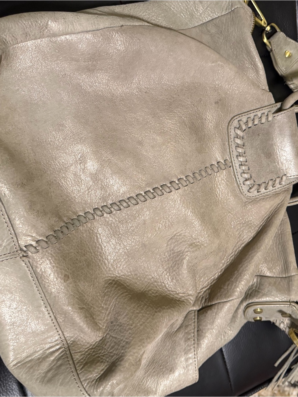 HOBO Sheila Satchel Taupe Leather Shoulder Bag with Whipstitch Strap - Picture 5 of 6